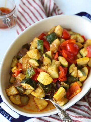 Vegetables in a casserole dish.