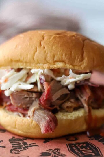 Pulled Pork sandwich loaded with pork and coleslaw.