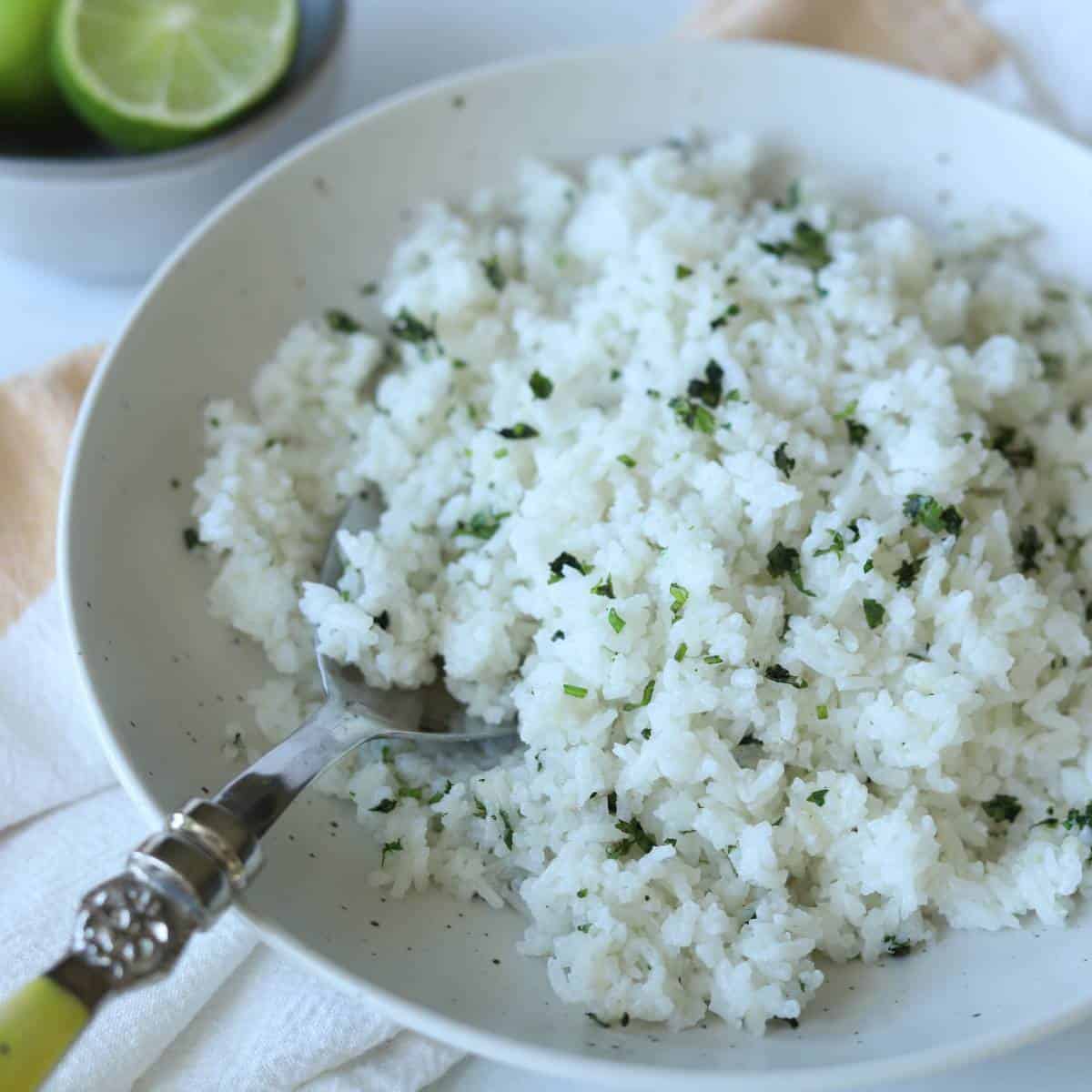 Coconut rice in bowl topped with cilantro.