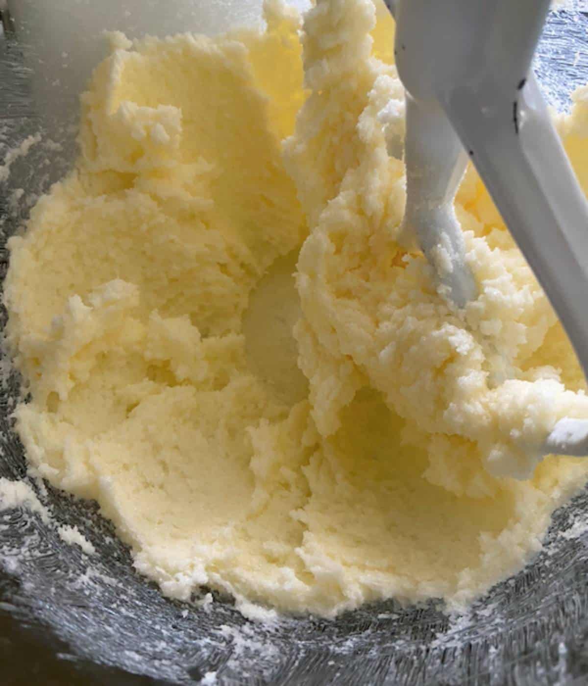 Creaming butter and sugar in stand mixer.