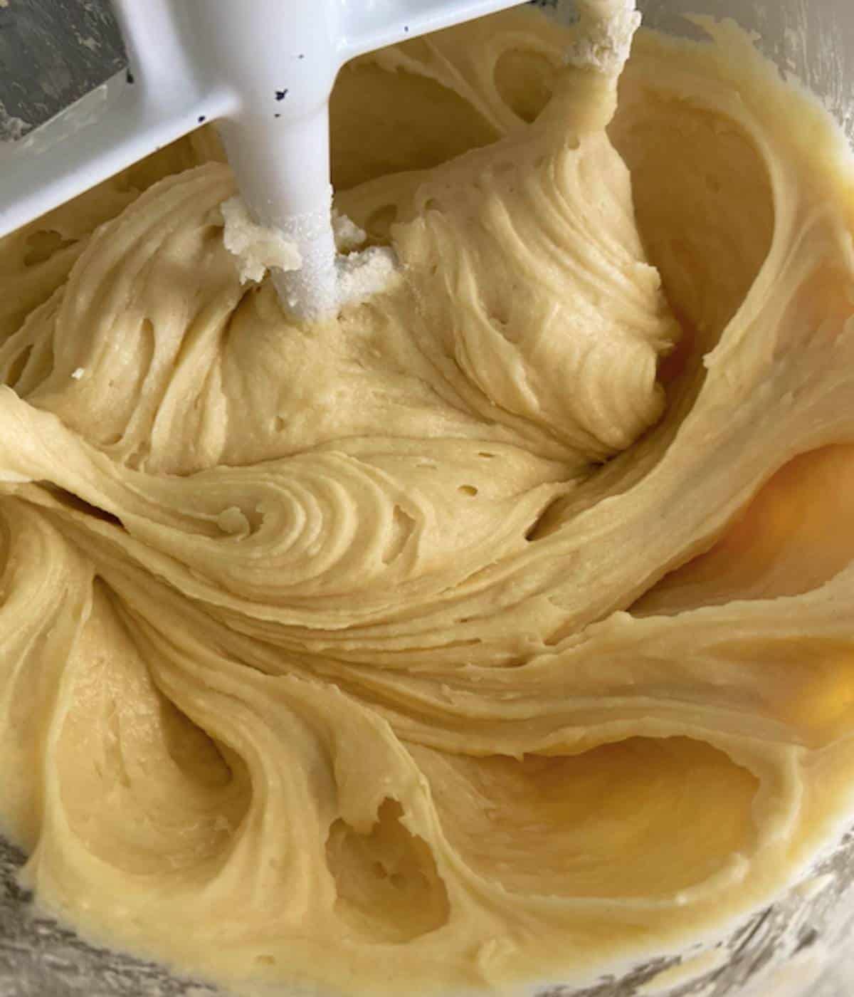 Batter for pound cake in mixer.