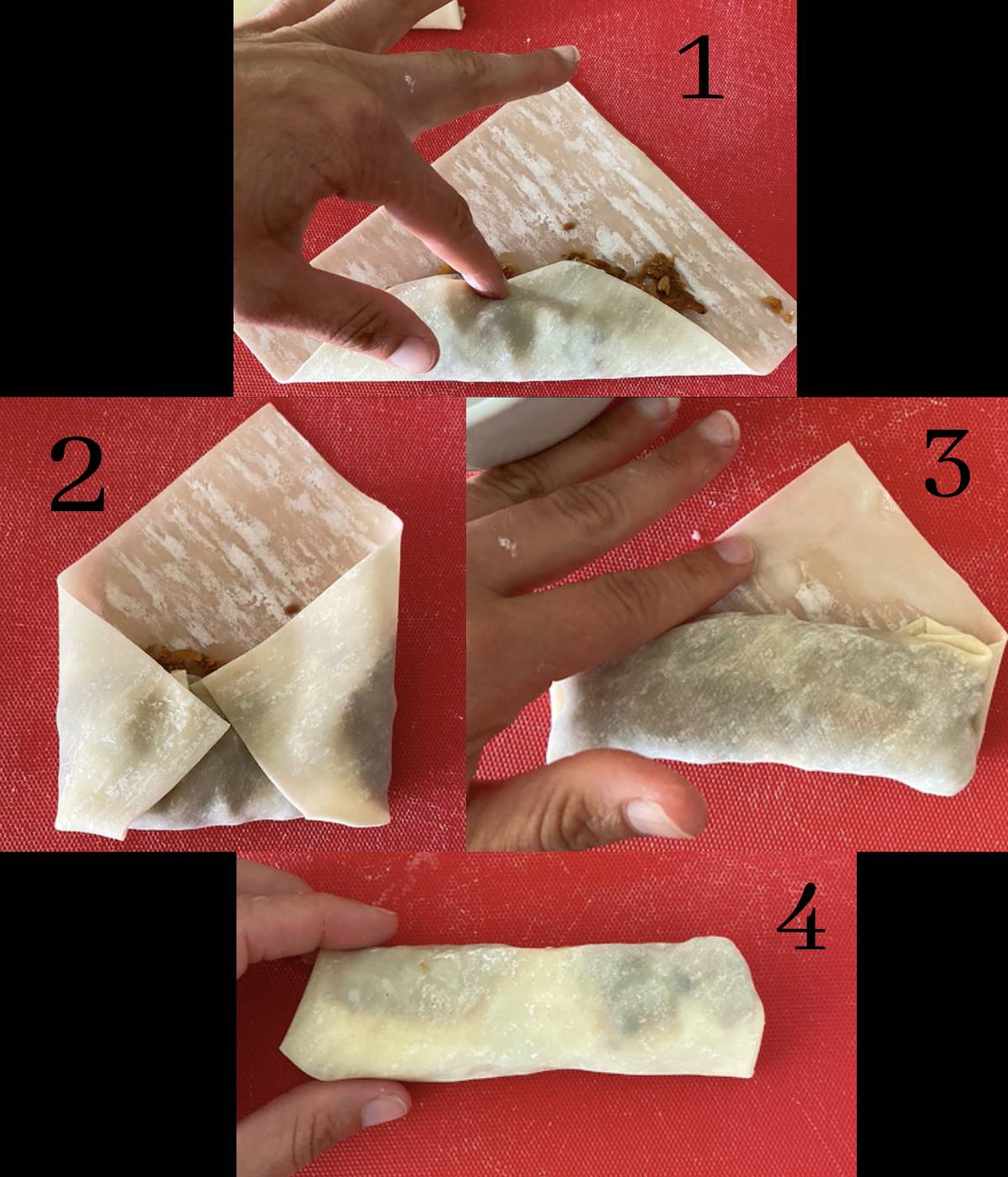 Step to fold up an egg roll.