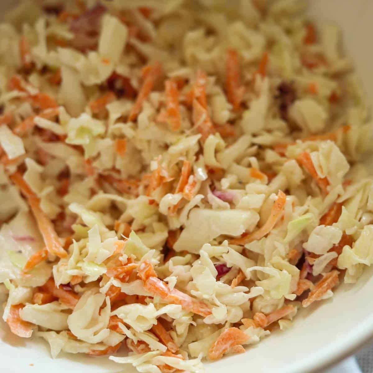 Pulled pork coleslaw in a white bowl.