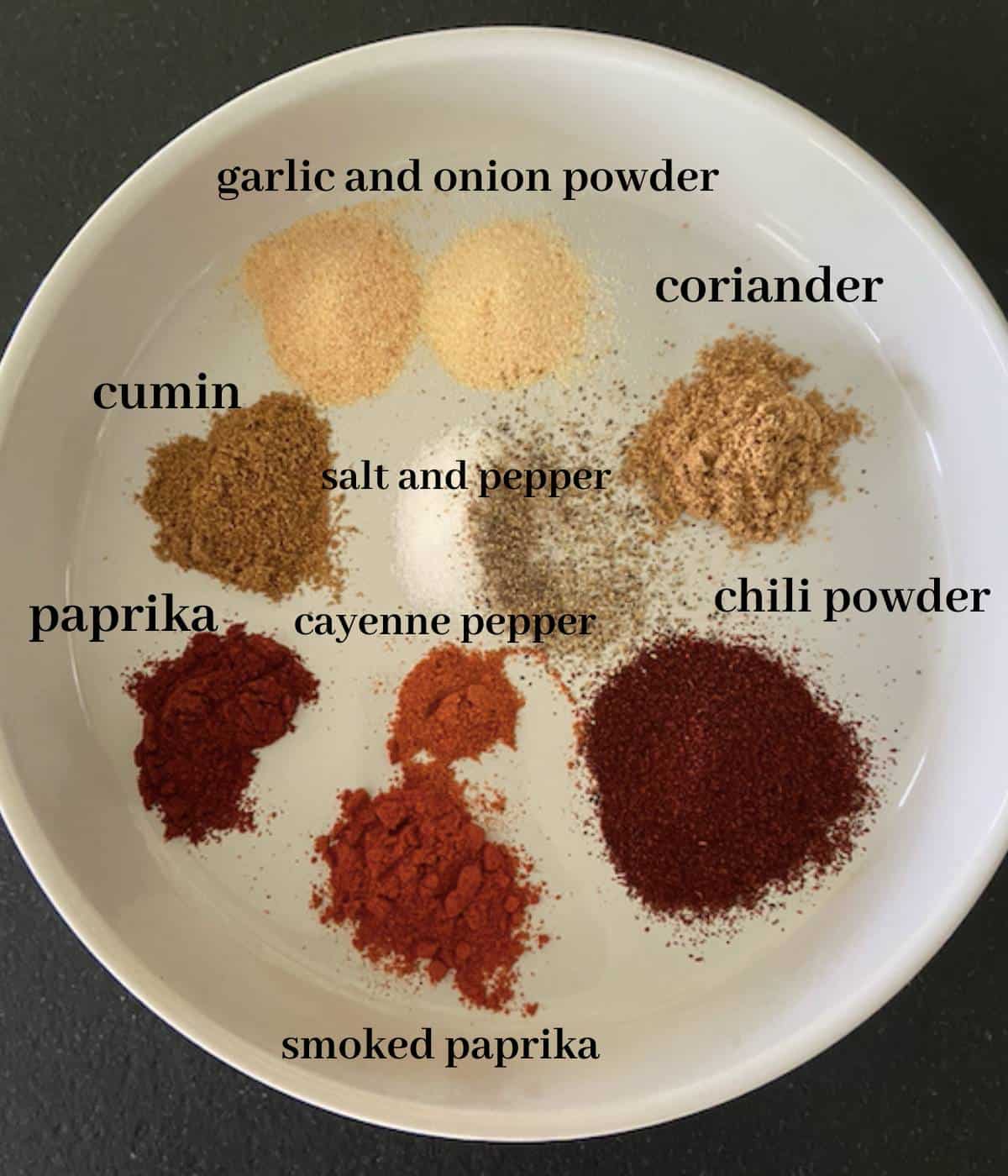 Ingredients for southwest seasoning in a white bowl.