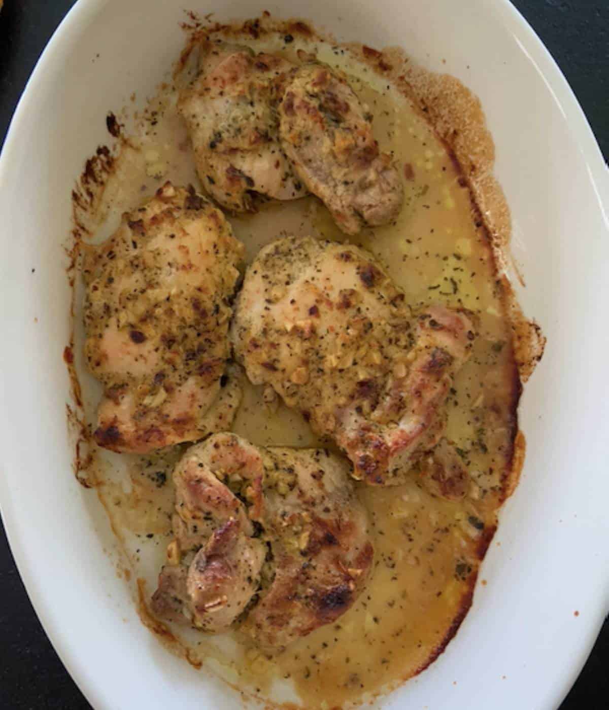 Chicken thighs just pulled out of the oven.