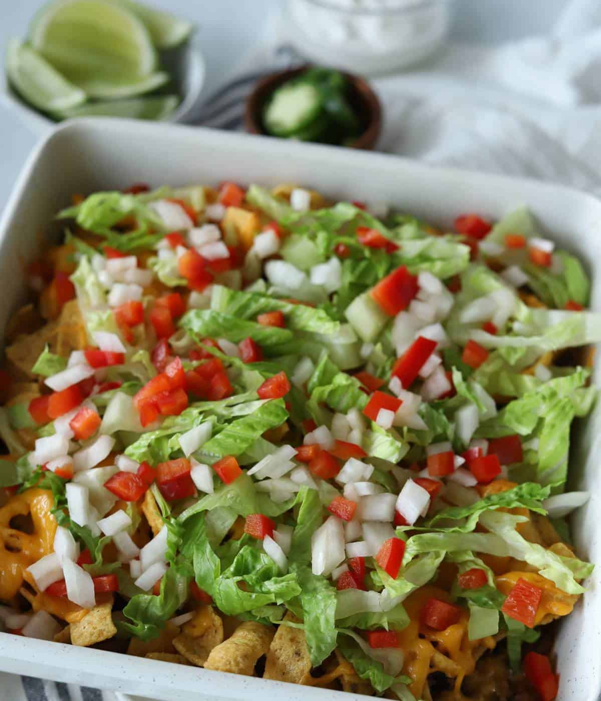 Walking taco in casserole Dish.