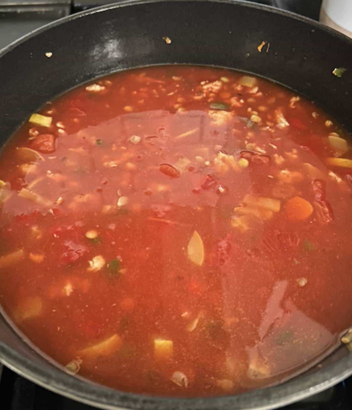 Turkey lentil soup in dutch oven.