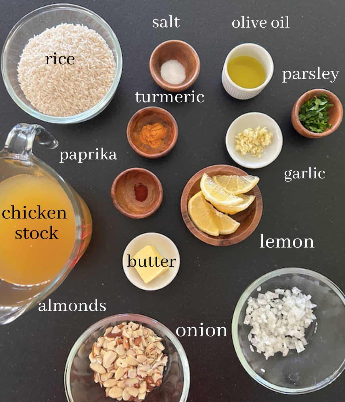 Ingredients for Mediterranean rice on countertop.