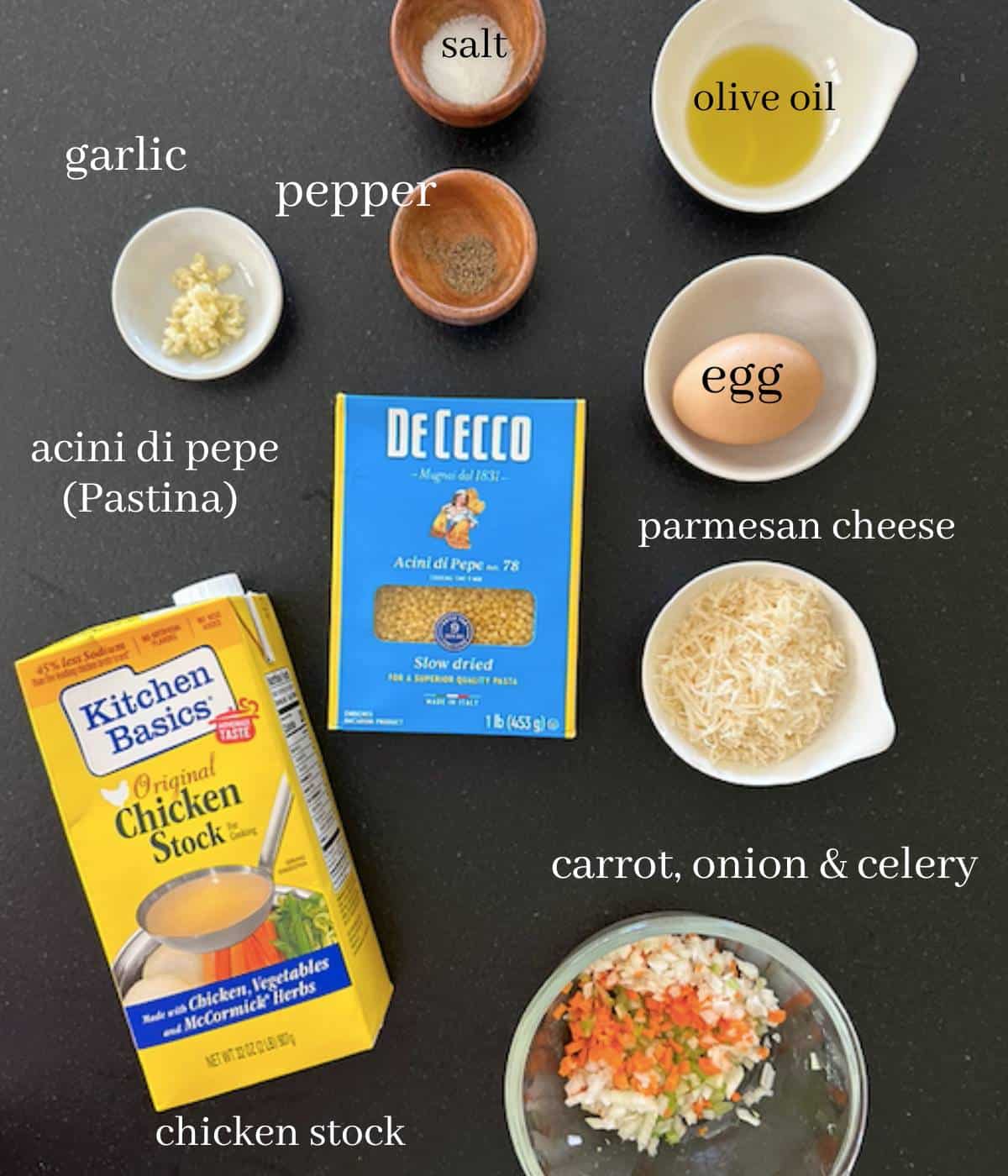 Ingredients for Pastina soup on countertop.