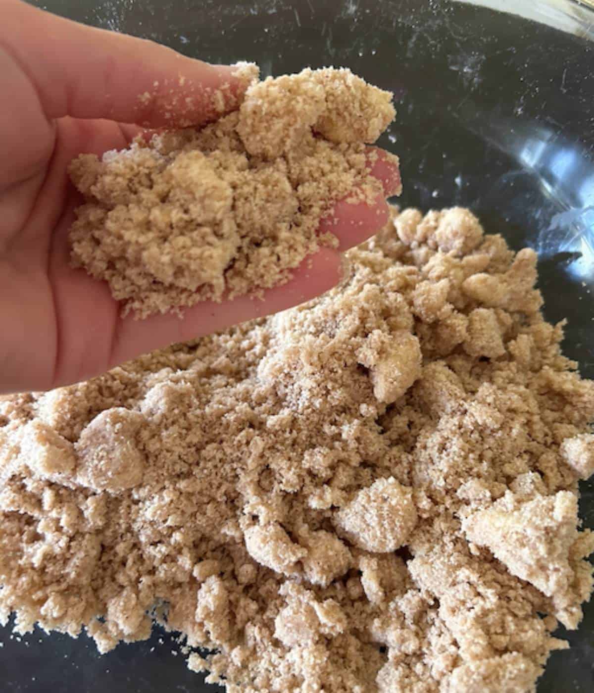 Hand showing texture of the crumble topping.