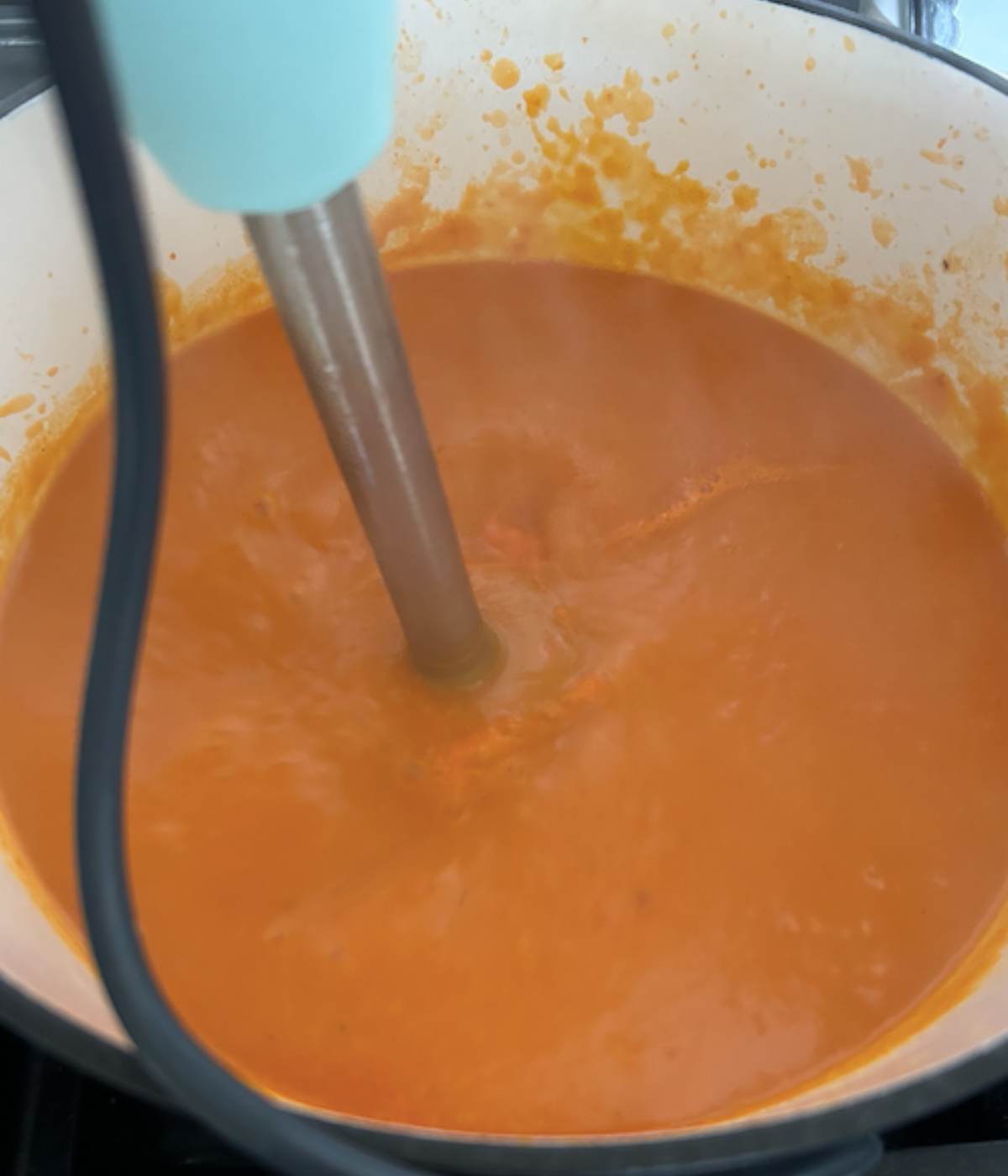 Immersion blending soup in dutch oven.