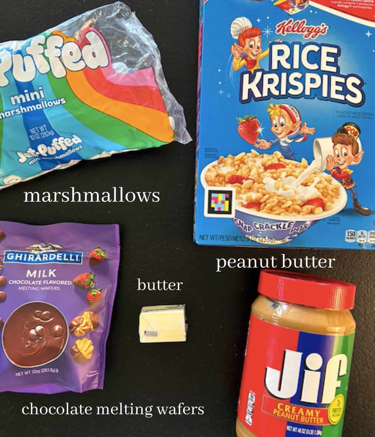 Ingredients for chocolate rice krispie treats.