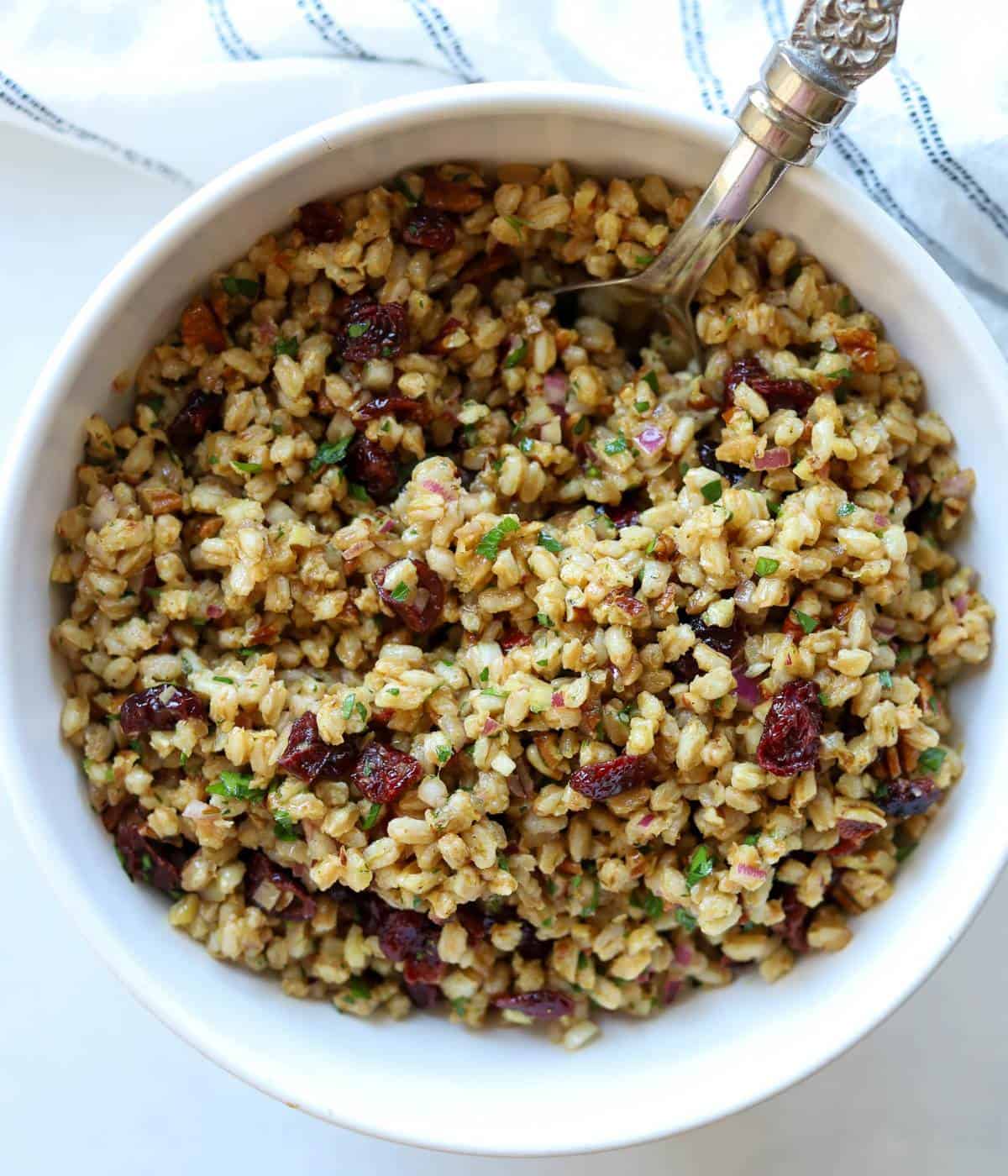Ancient grains salad with farro in white bowl.