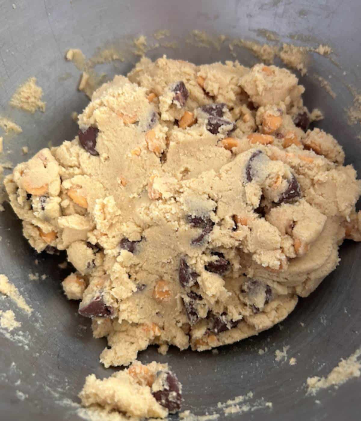 Butterscotch and chocolate cookie dough in bowl.