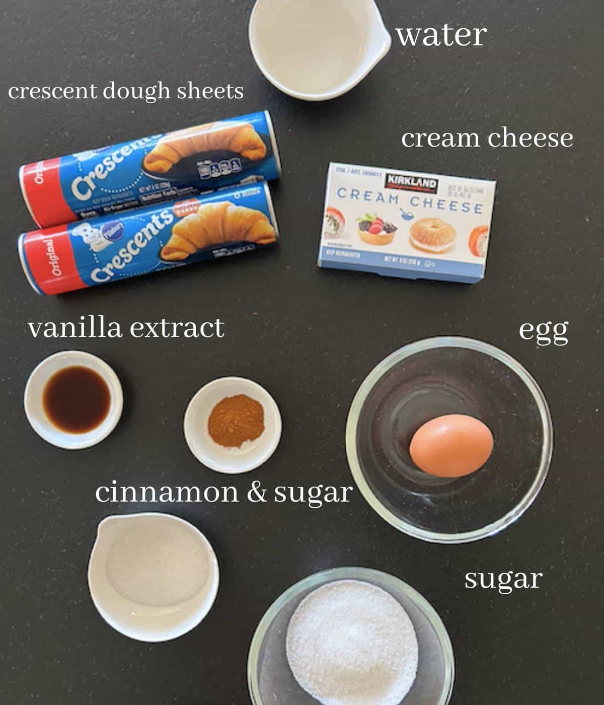 Ingredients for Crescent Roll Cream Cheese Danish on countertop.