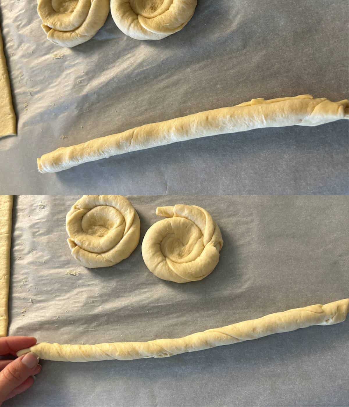 Crescent dough rolled into a cylinder like shape for the danish dough.