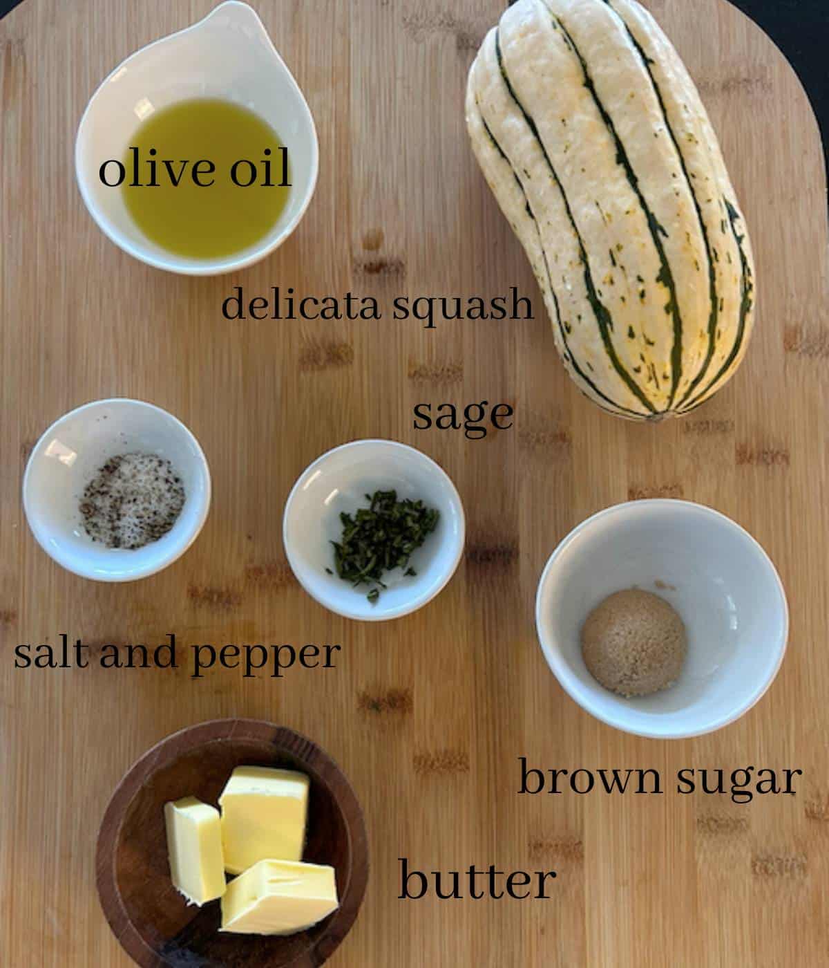 Ingredients for Delicata Squash recipe on cutting board.