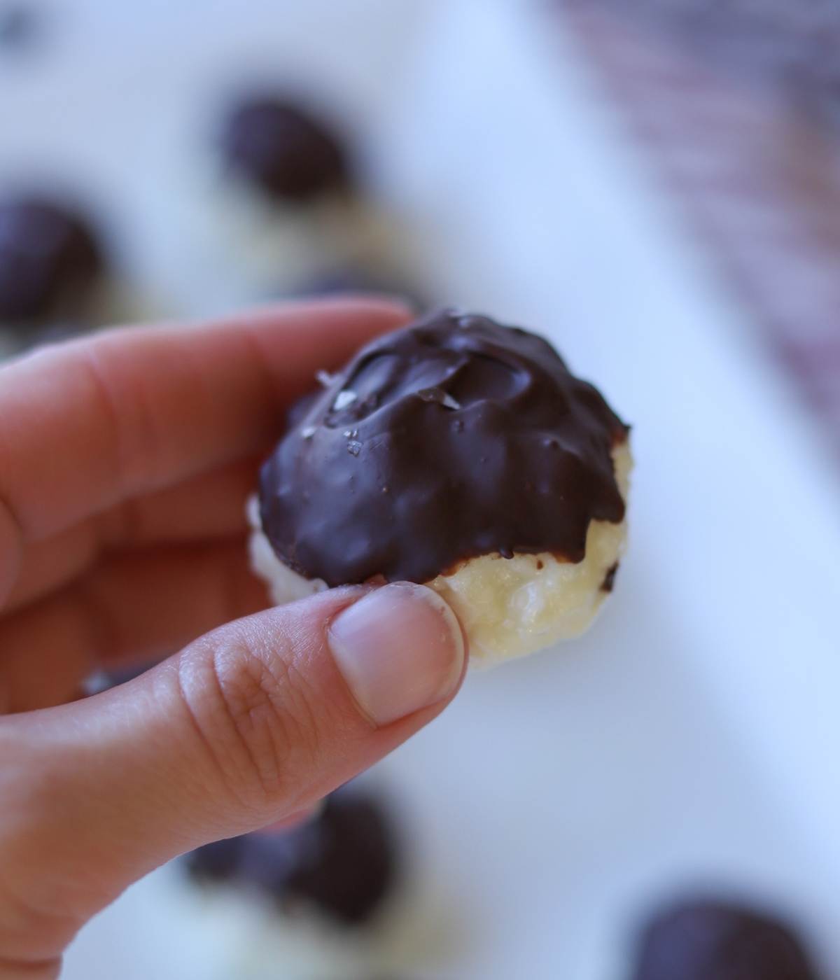 Hand holding Coconut Ball dipped in chocolate.