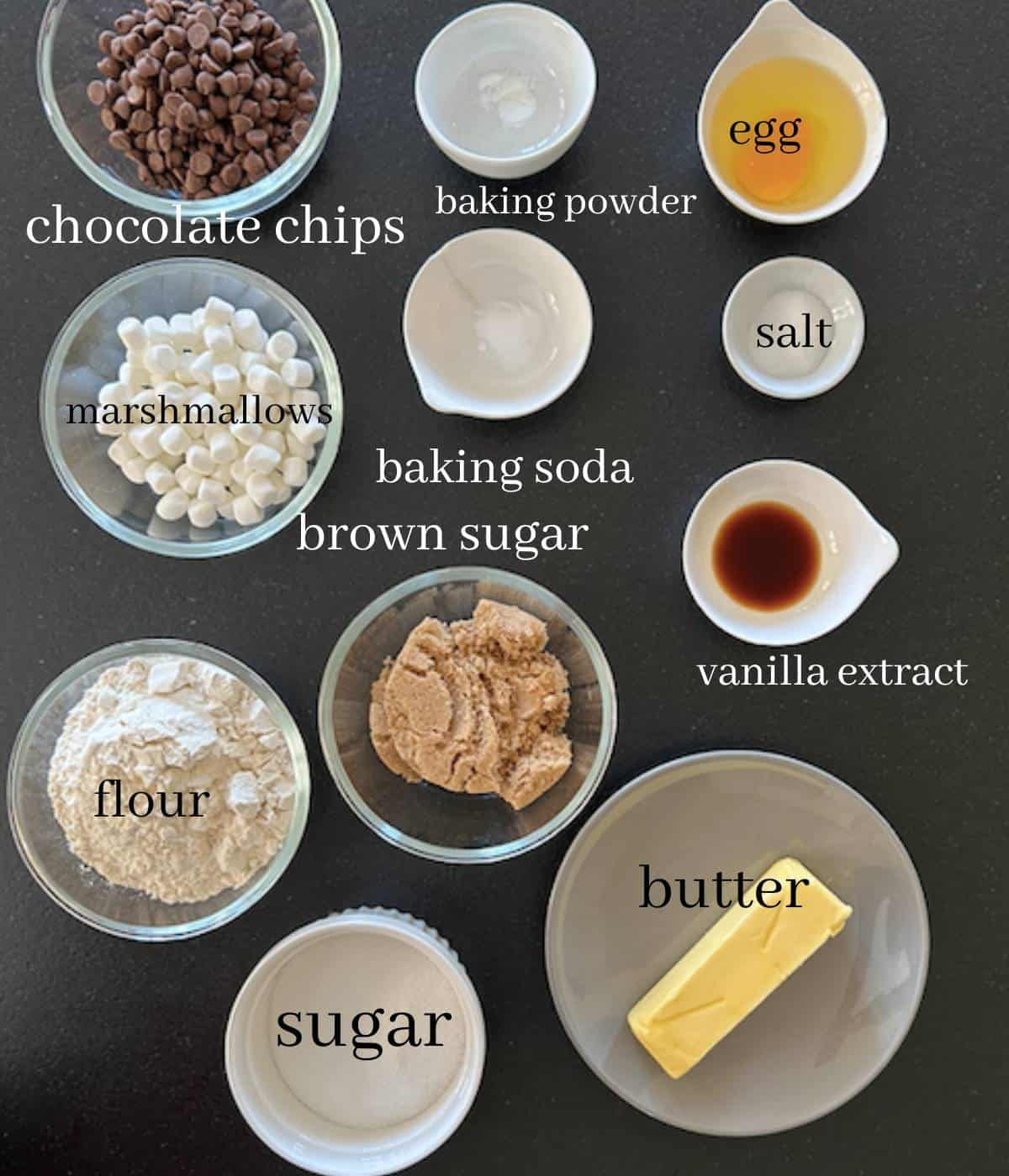 Ingredients for marshmallow chocolate chip cookies on counter top.
