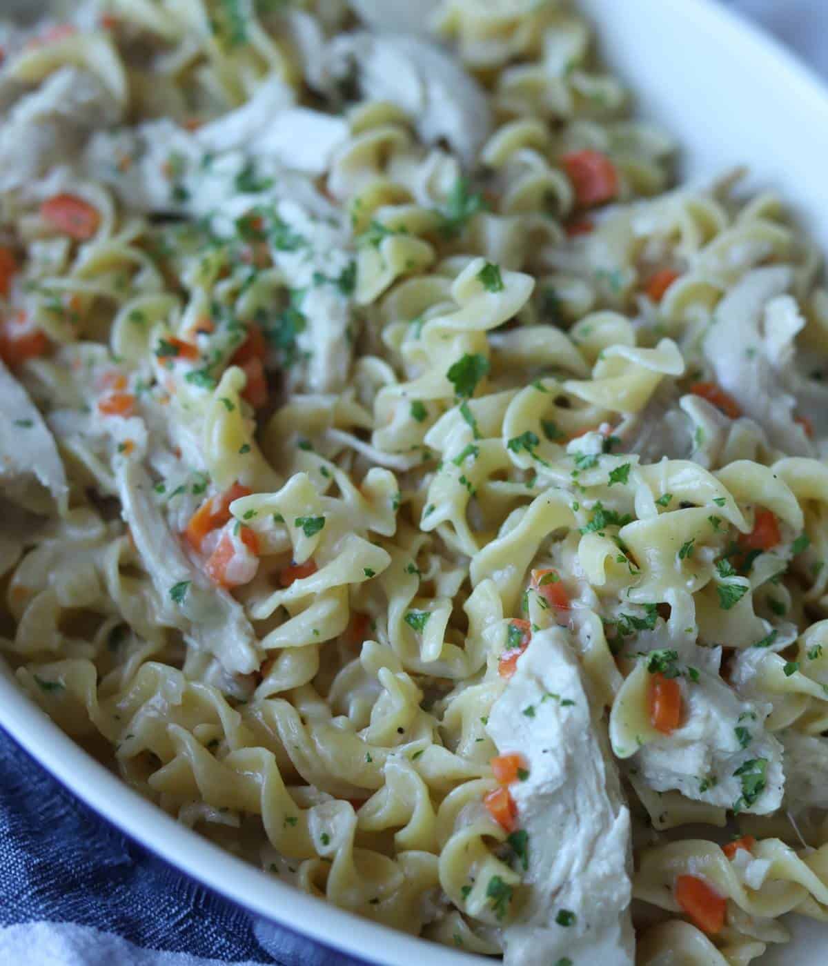 Chicken and noodles in serving dish topped with fresh parsley.