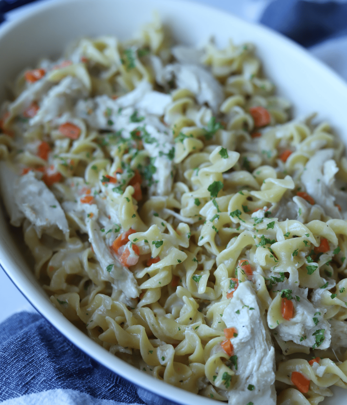 Chicken and noodles in casserole dish. 