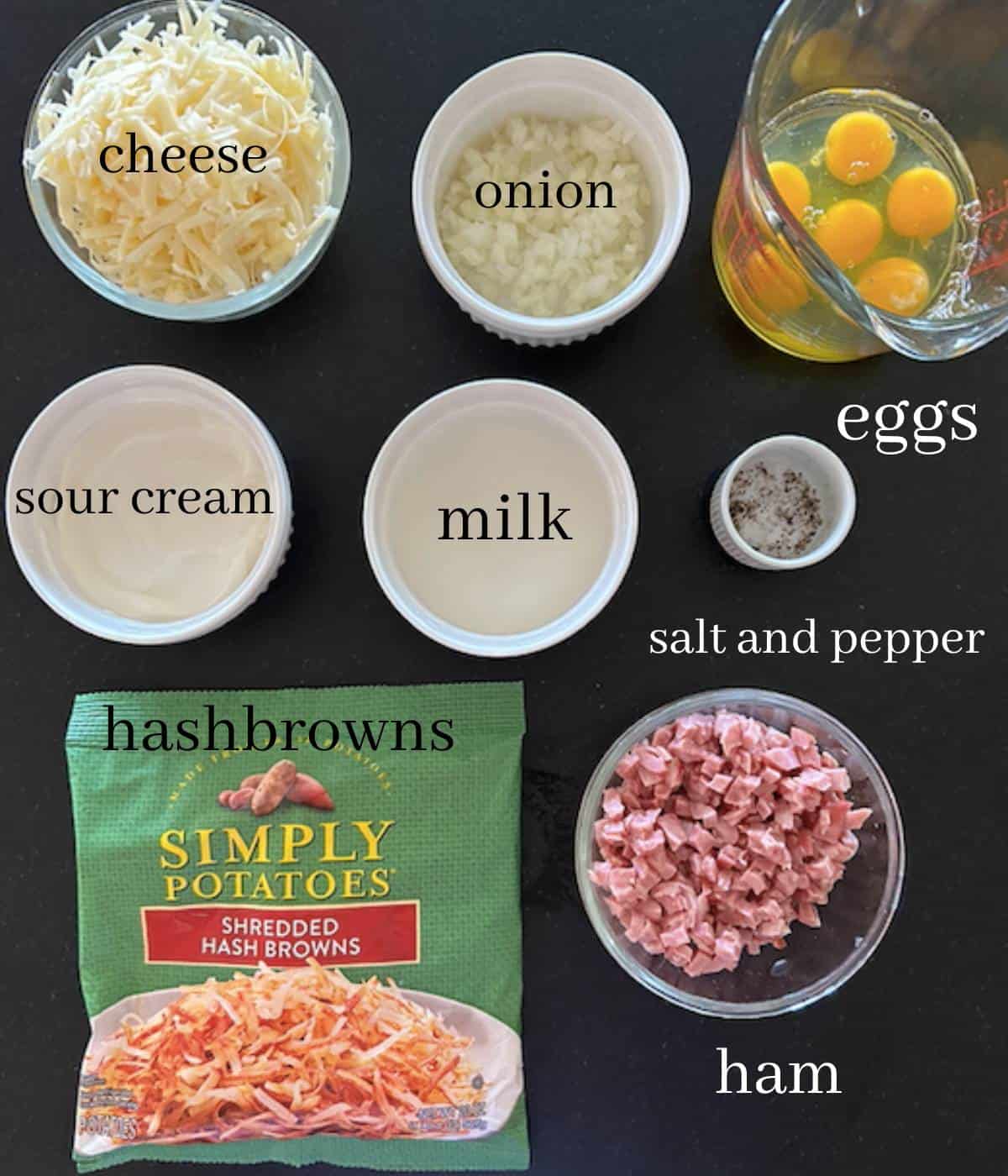 Ingredients for ham and hashbrown egg bake.