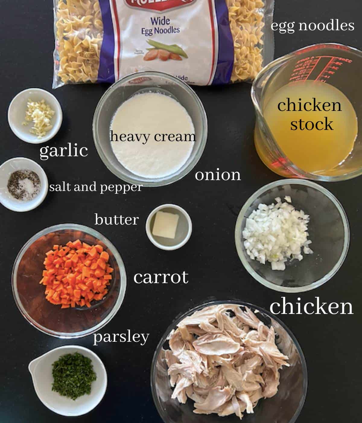 Ingredients for Chicken and Noodles on countertop.