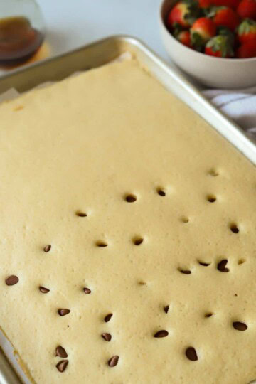 Sheet pan pancakes with chocolate chips.