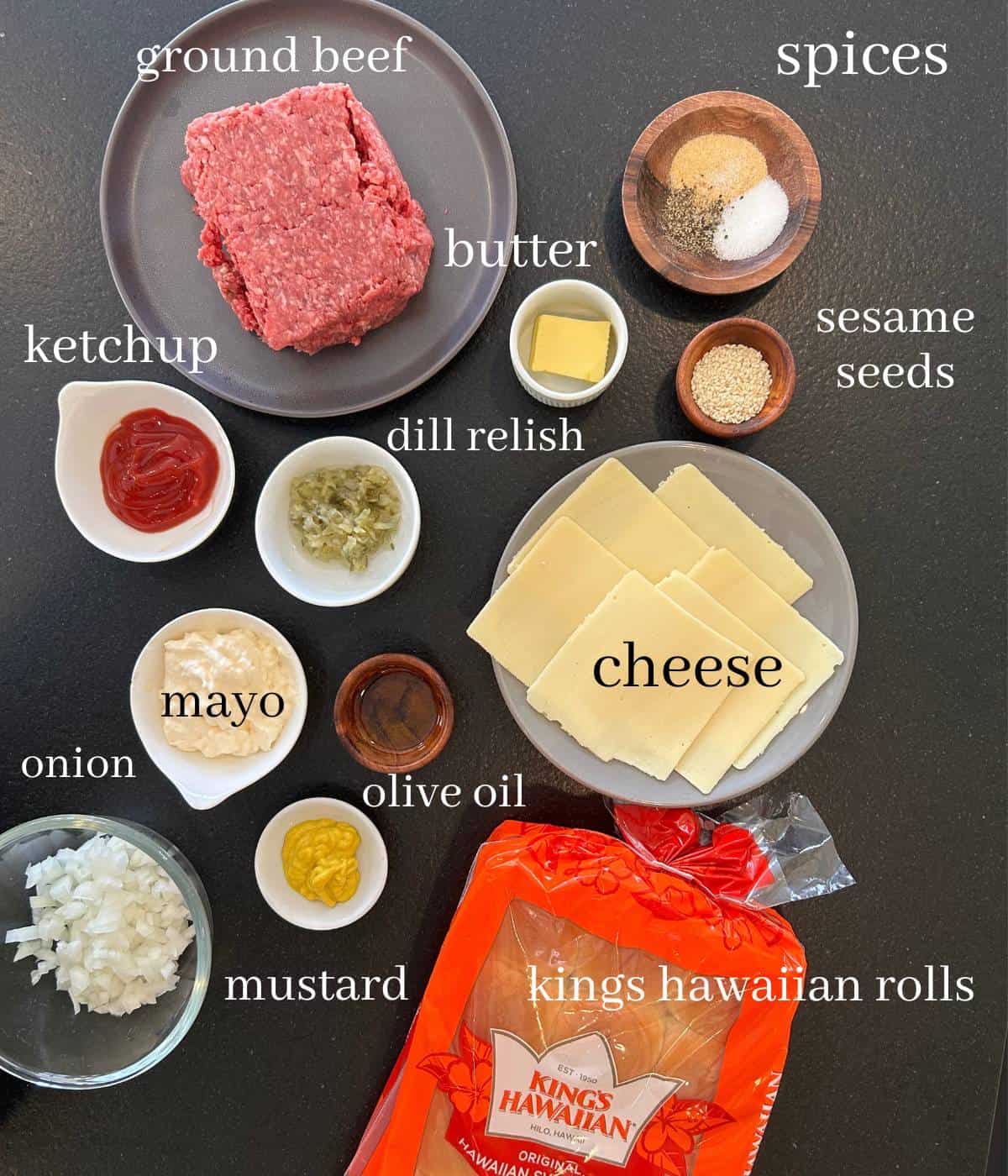 Ingredients for cheeseburger sliders on countertop.