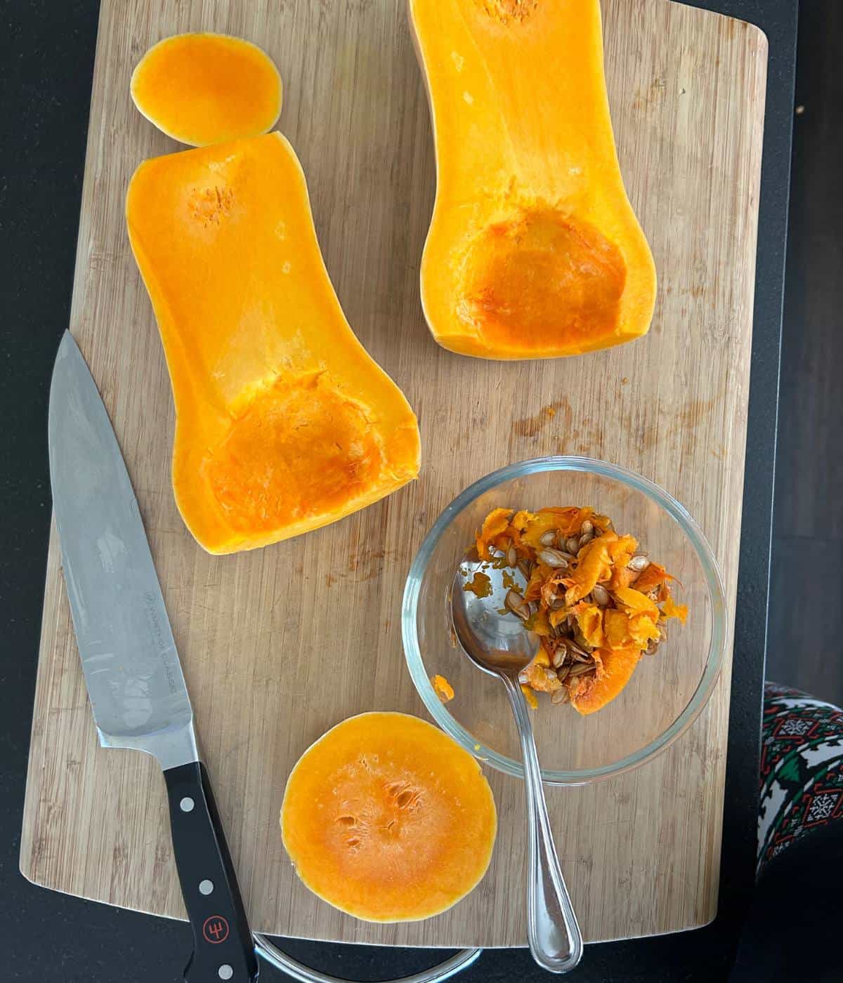 Sliced butternut squash step with seeds removed.