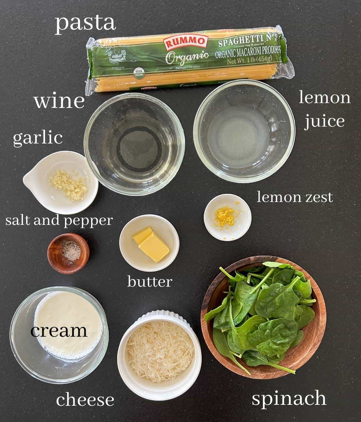 Ingredients for lemon spinach pasta.