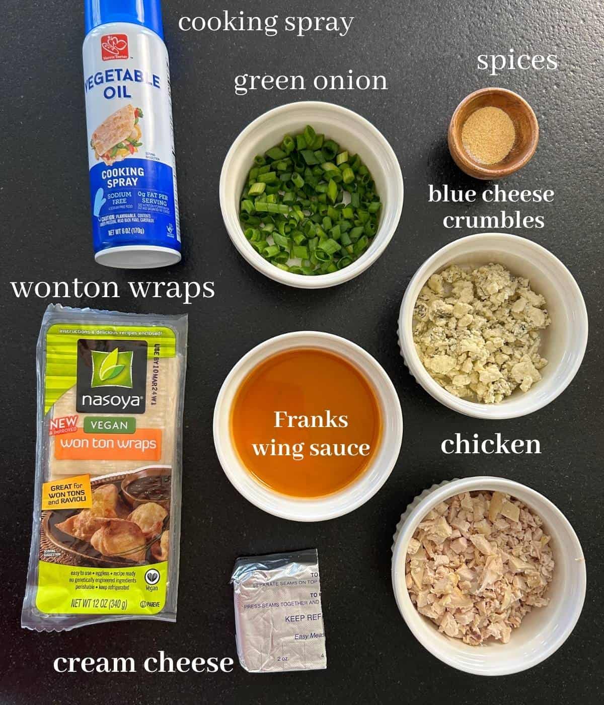 Ingredients for buffalo chicken wonton cups on counter.