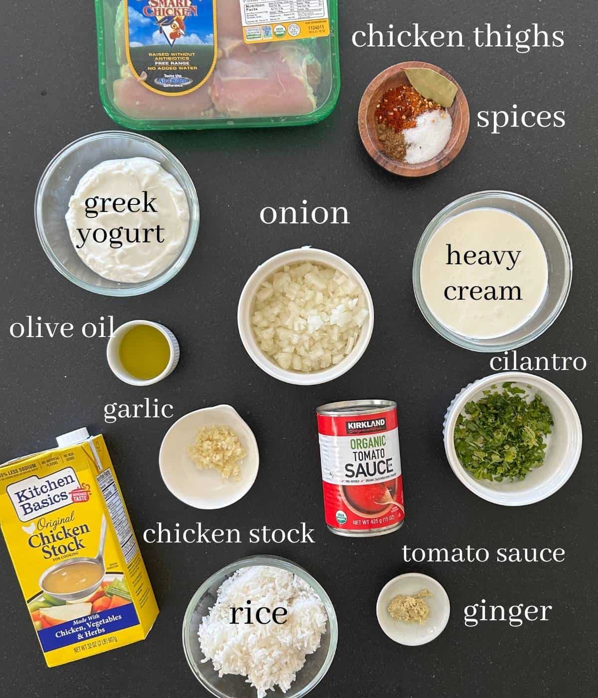 Ingredients for chicken masala soup on countertop.