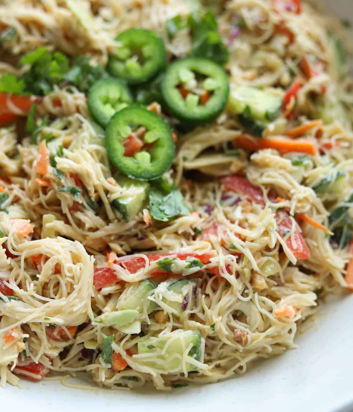 Spring roll salad in serving dish.