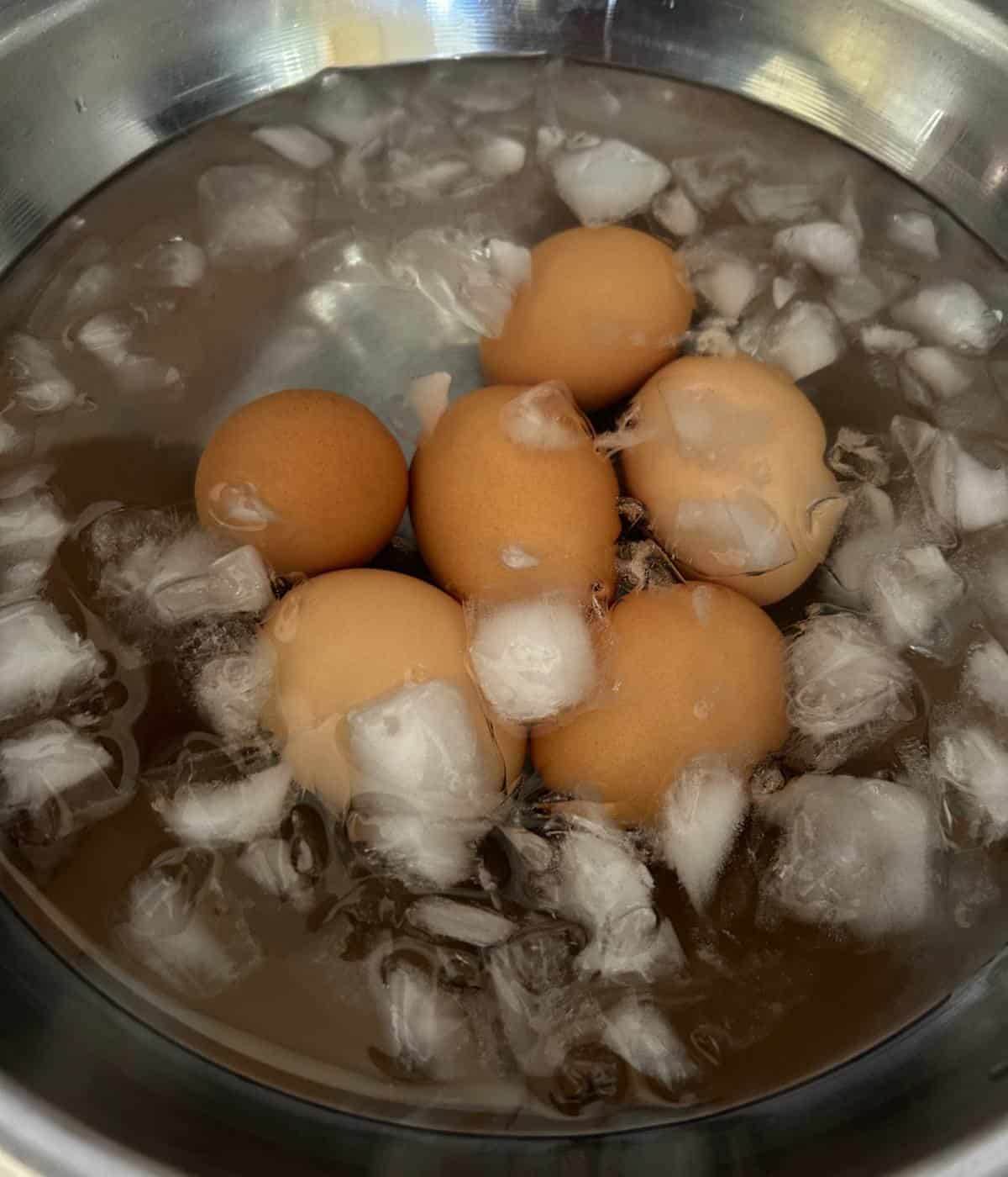 Eggs in ice water bath.