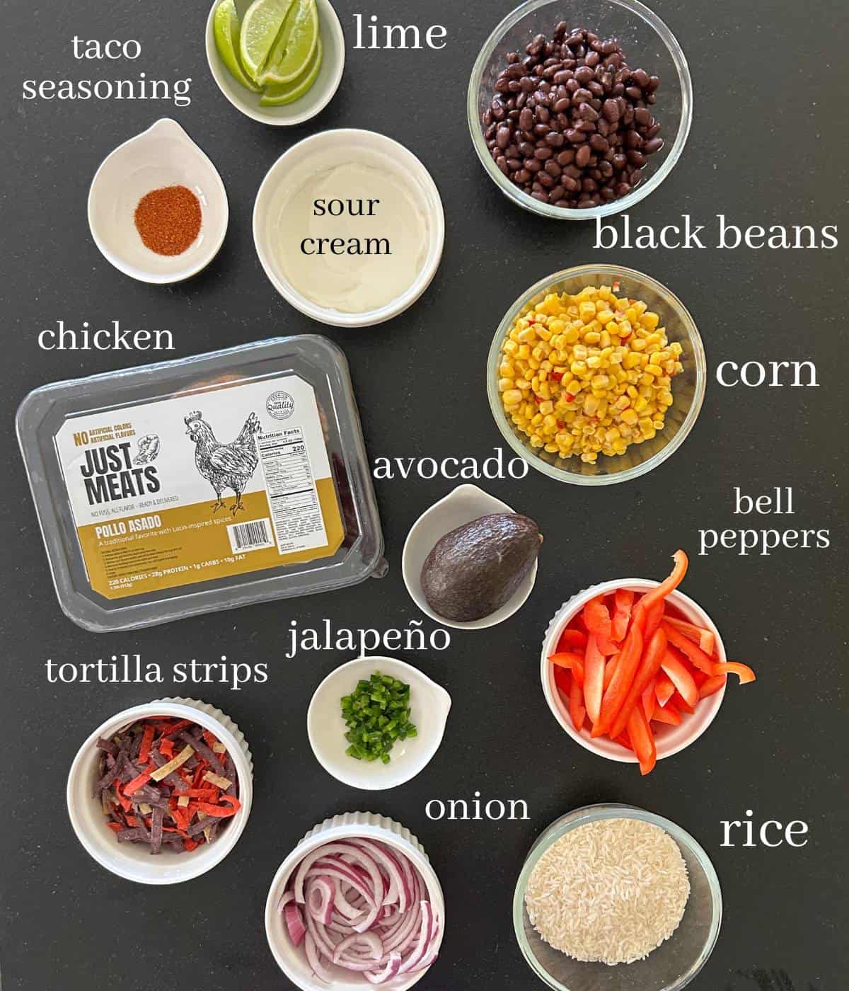 Ingredients for Southwest Chicken Rice bowls on countertop.