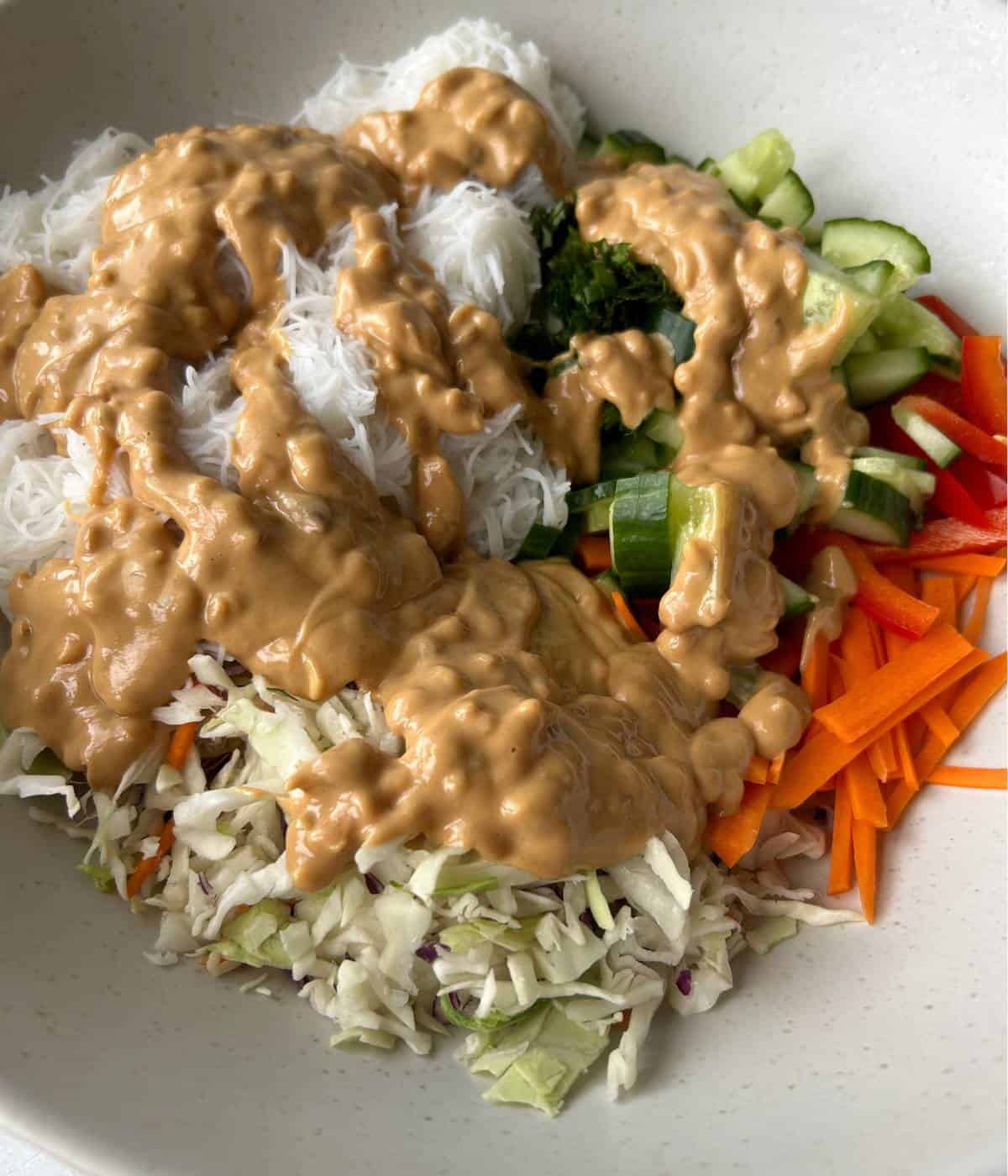 Peanut sauce over veggies and rice noodles.