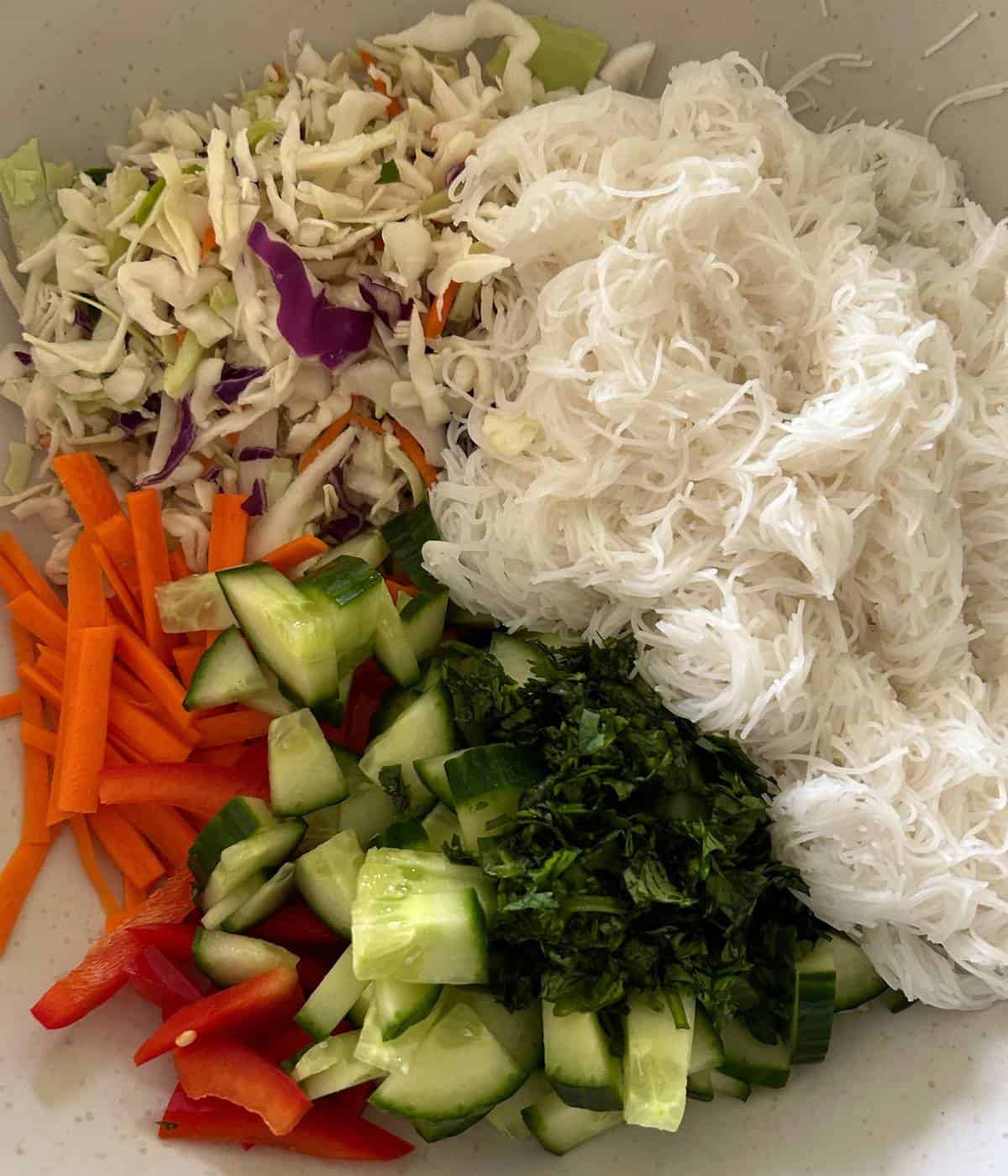 Vegetables and noodles in bowl for salad.