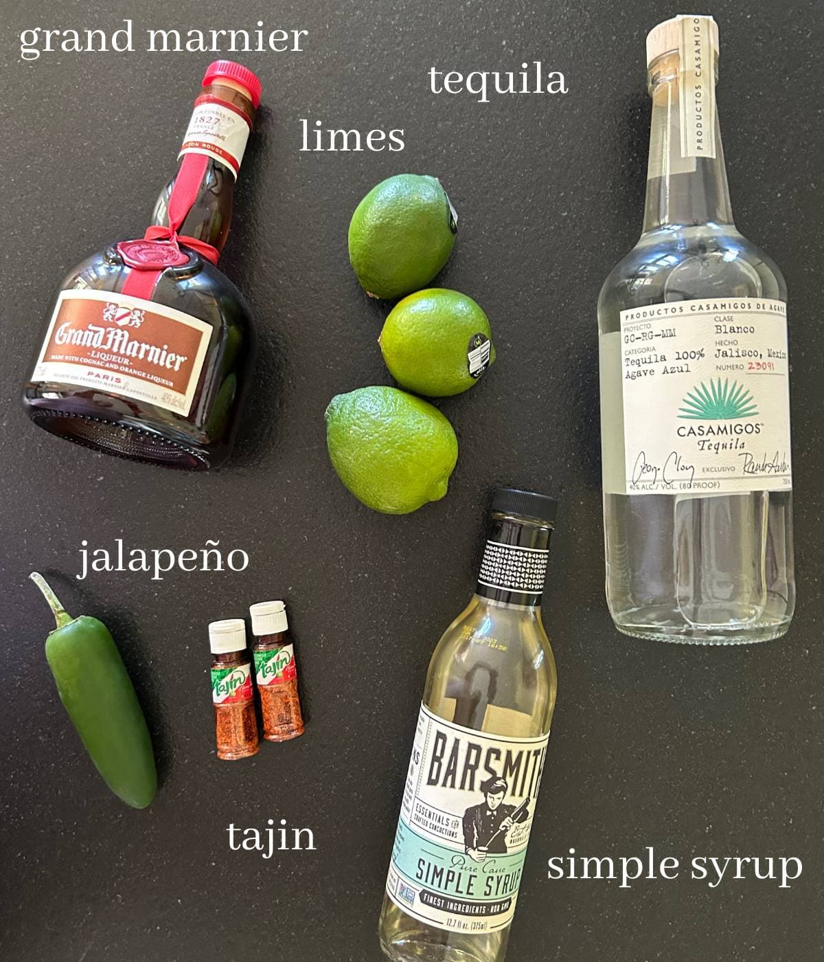 Ingredients for Tajín margarita on countertop.