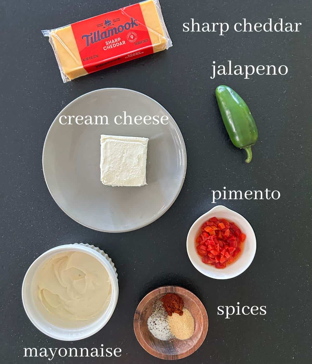 Ingredients for jalapeno pimento cheese on countertop.