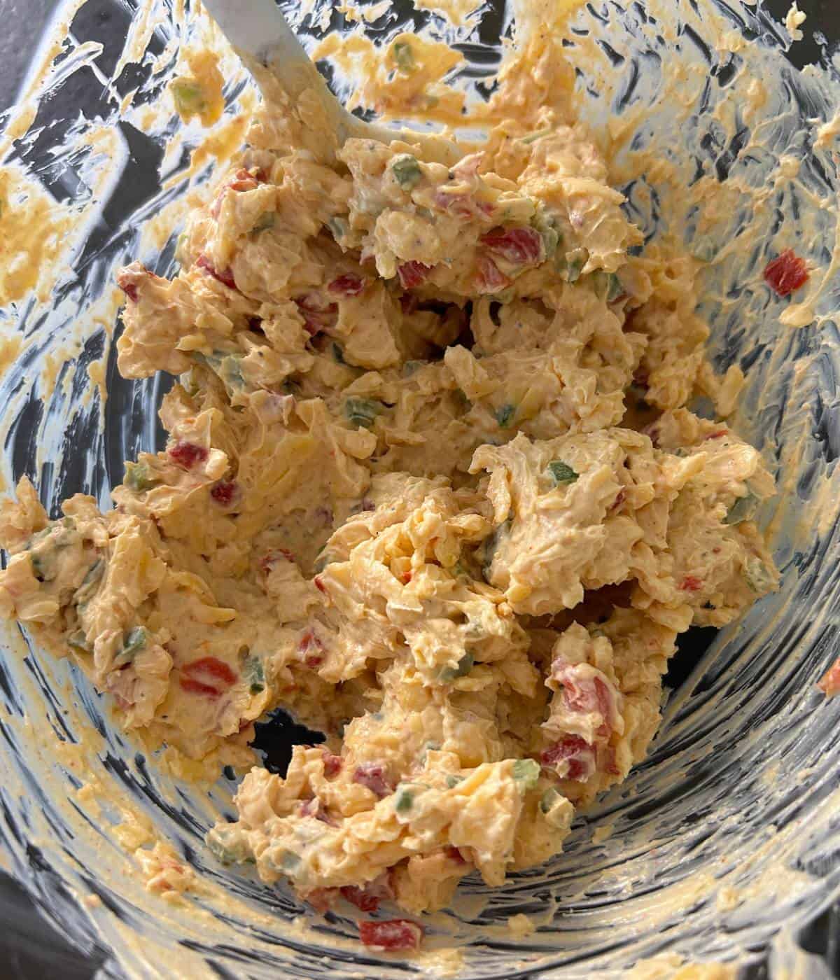 Pimento cheese in stand mixer bowl.