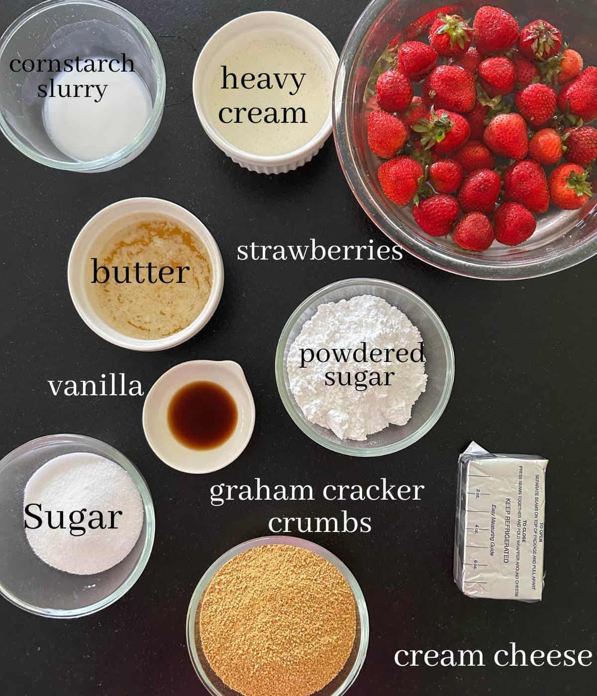 Ingredients for strawberry cream cheese pie.
