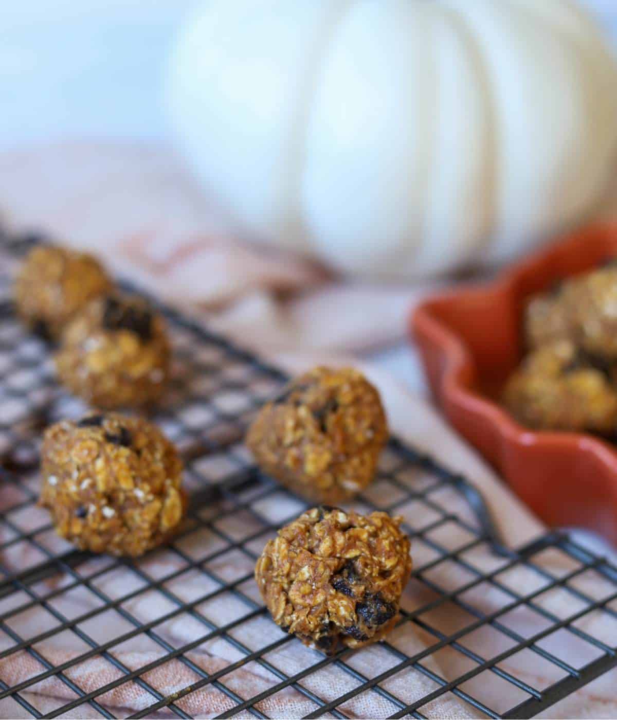 Protein pumpkin balls on baking rack.