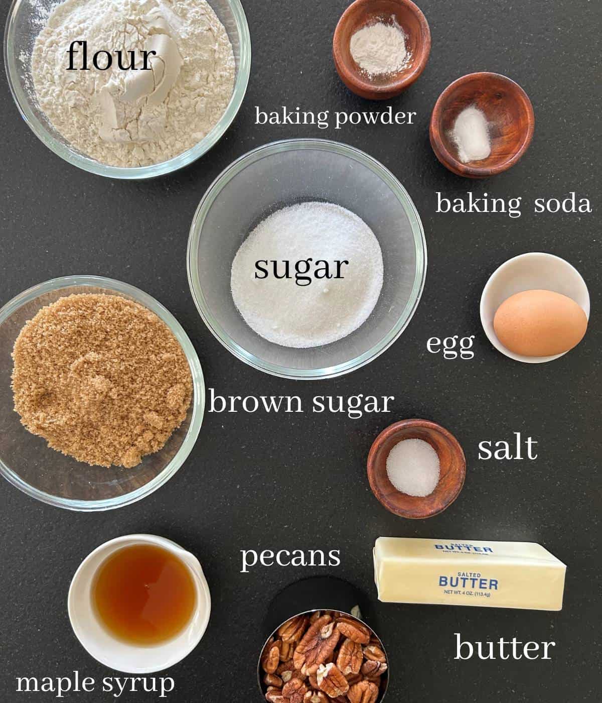 Ingredients for browned butter pecan cookies.