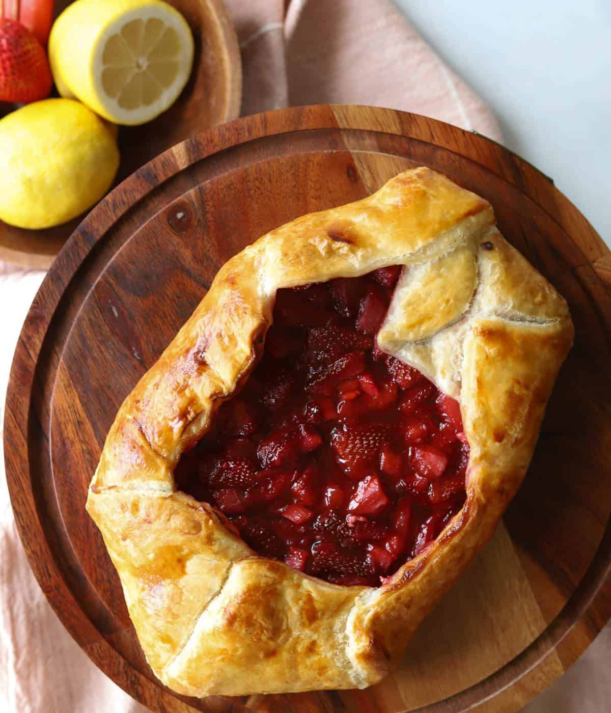 Puff pastry galette with strawberry rhubarb filling. 