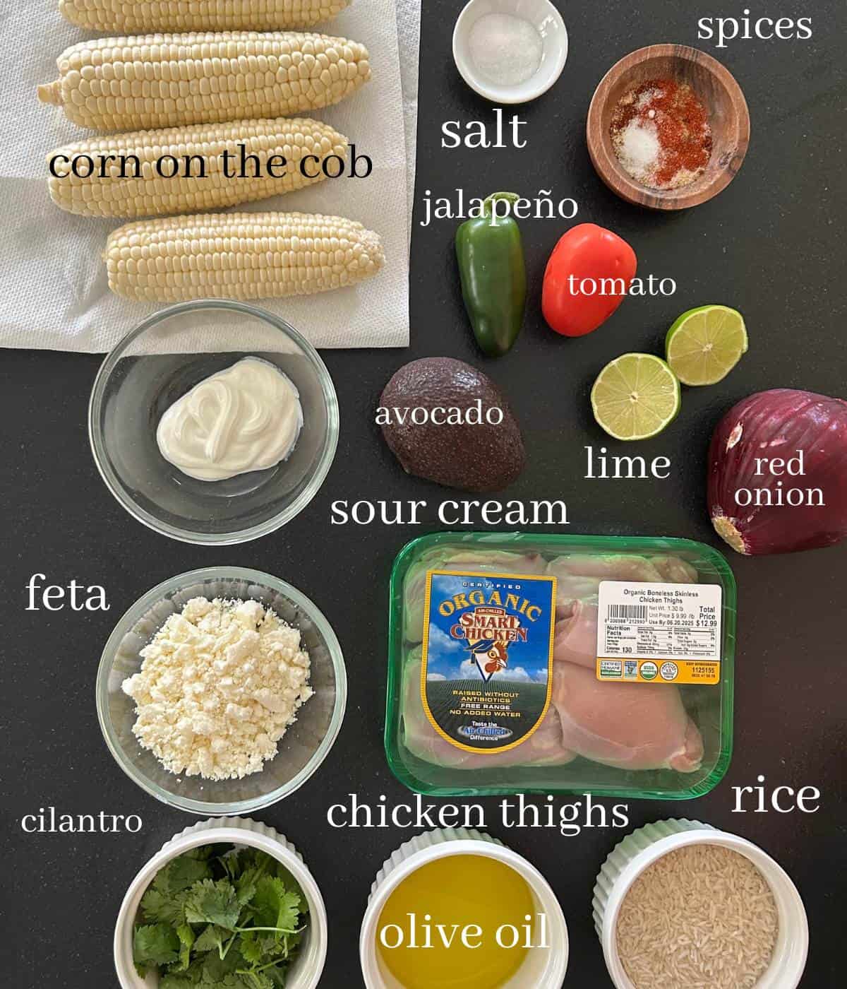 Ingredients for street corn chicken bowls.