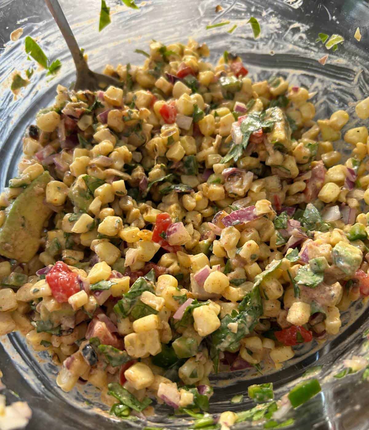 Mexican street corn in bowl.