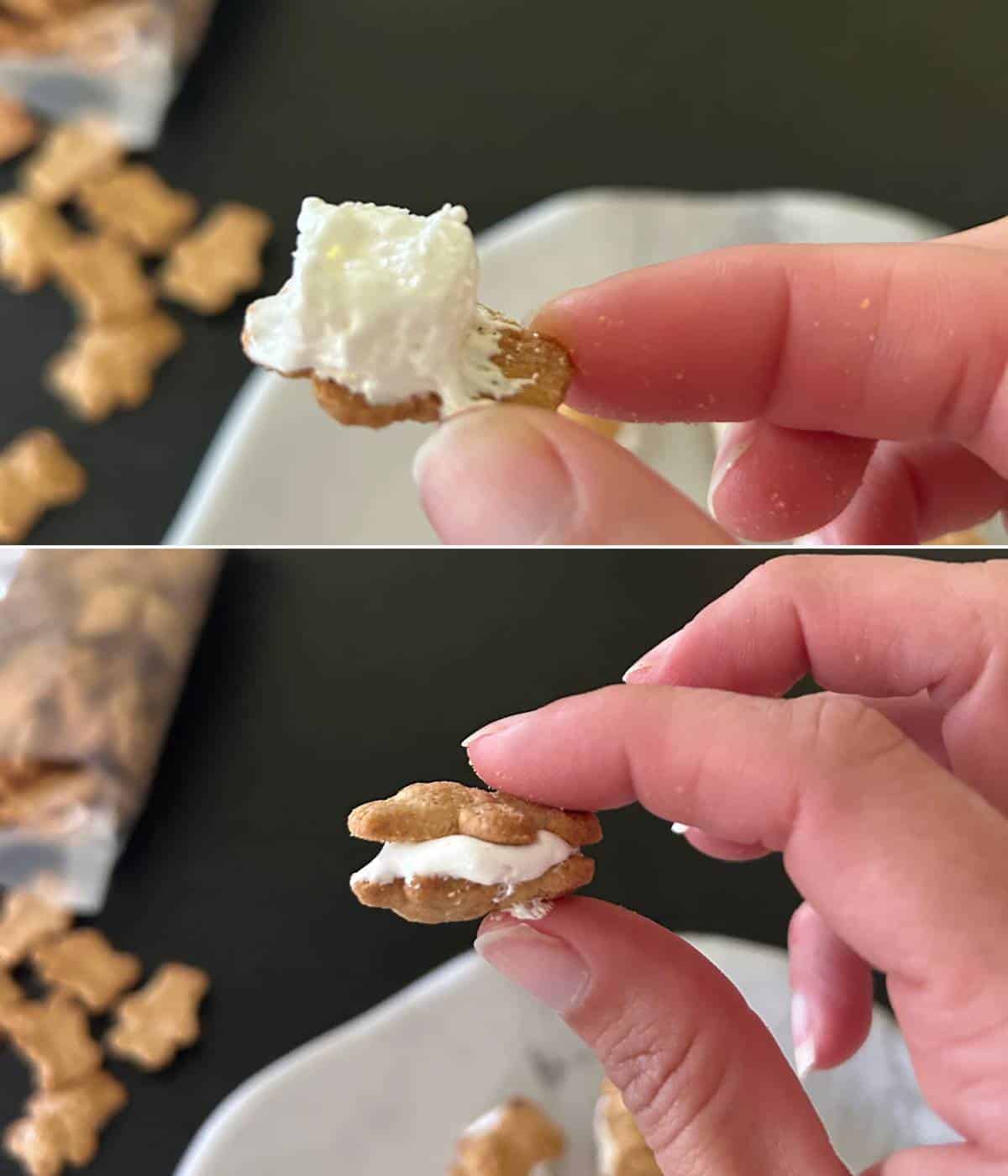 Making marshmallow fluff teddy graham sandwiches.