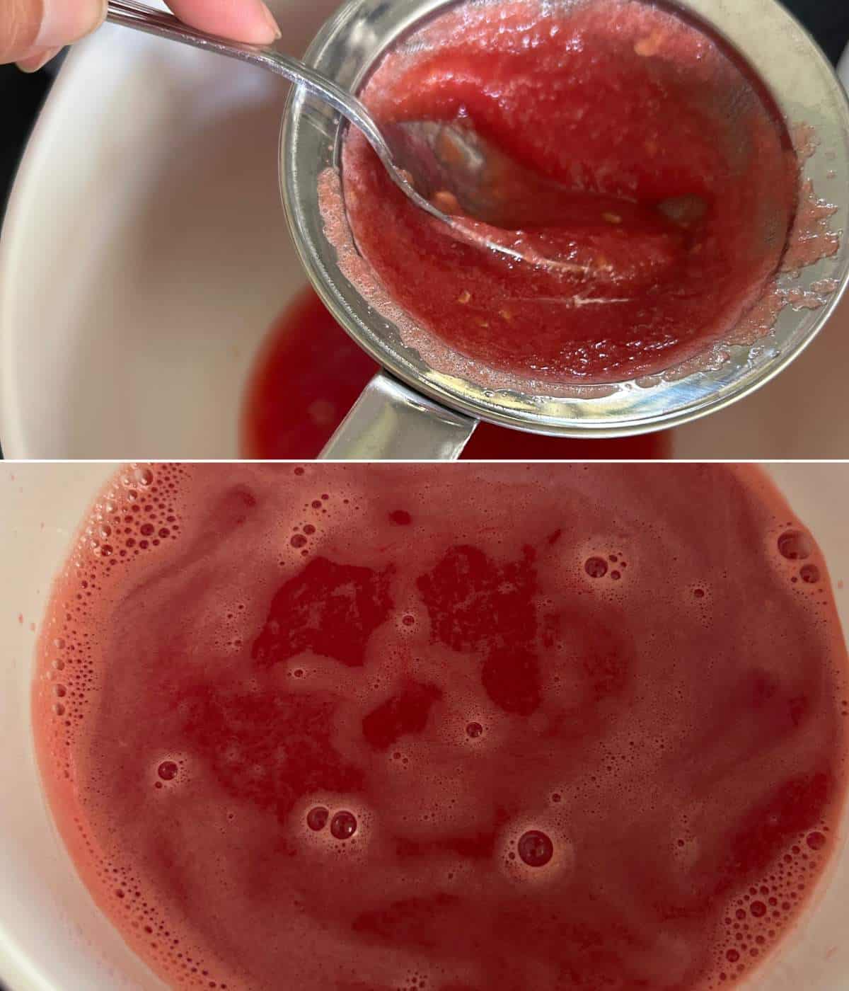 Straining watermelon juice.