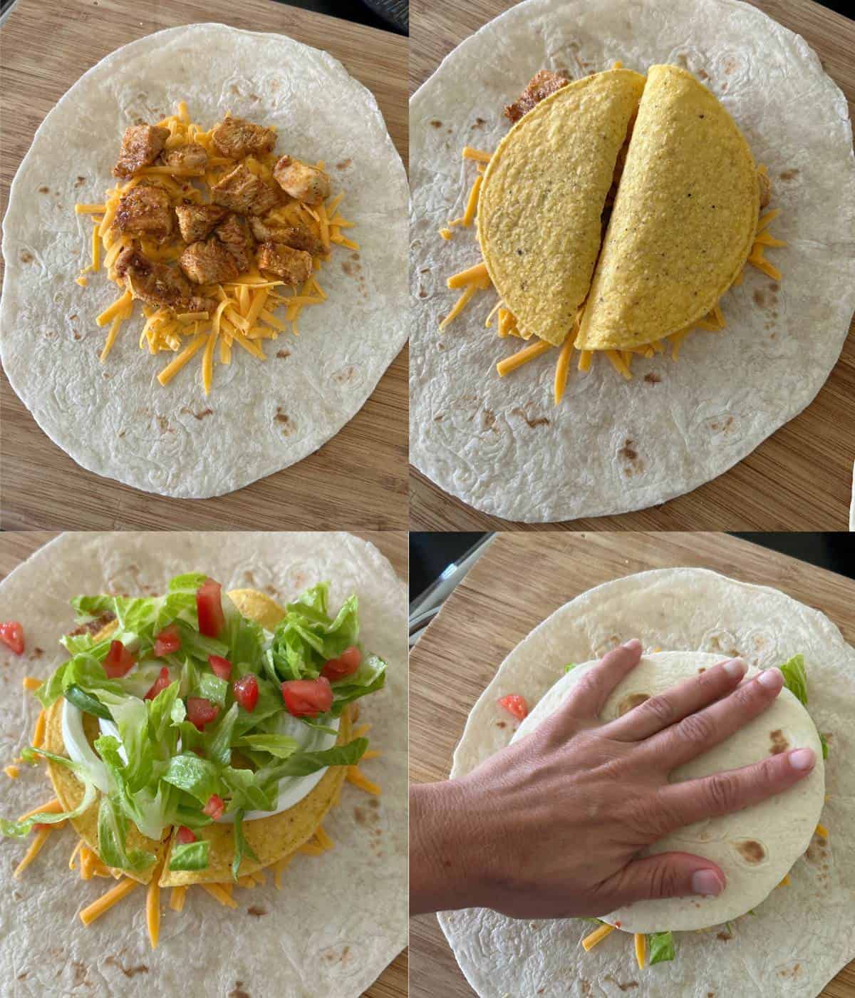 Assembling the chicken crunch wraps.